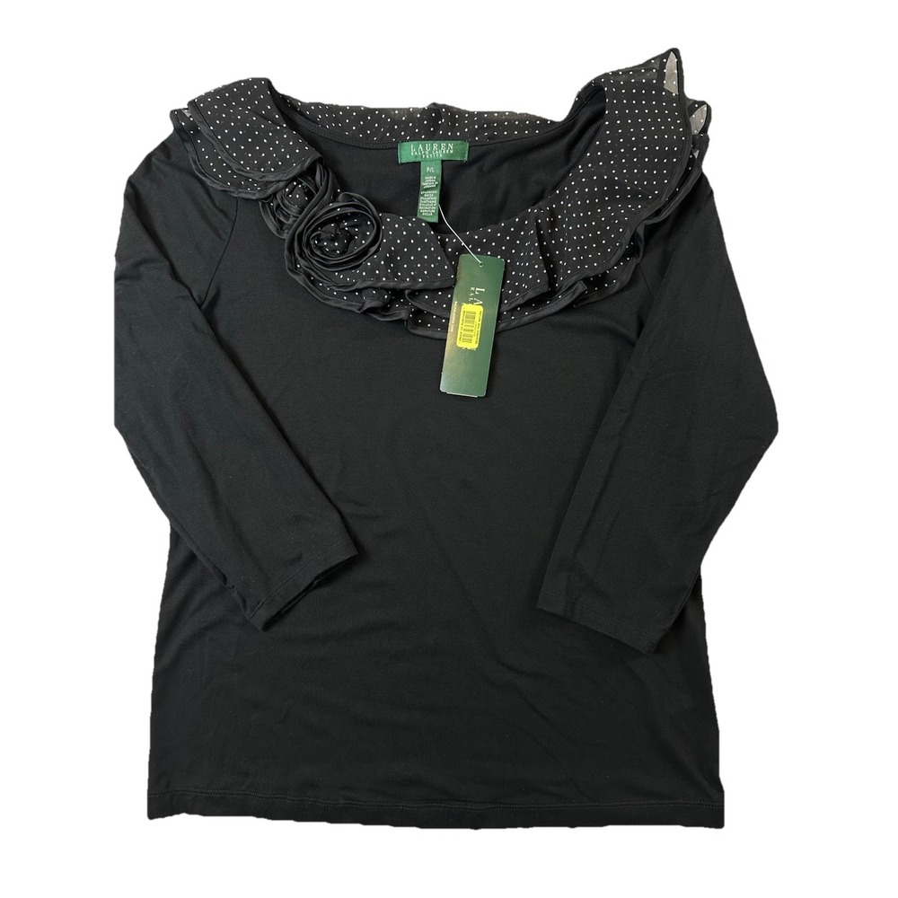Lauren Ralph Lauren NWT Black Polka Dot Ruffle Rosette Long Sleeve Top Blouse PL